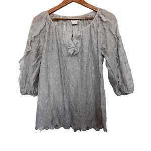Sundance Women’s Sz S Gray Silk Embroidered Ruffle Blouse Scallop Hem